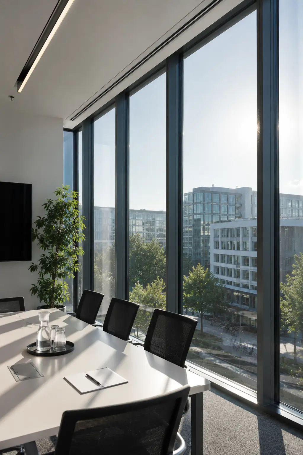 Meetingraum mit dezenter Sonnenschutz-Folie auf den Fenstern